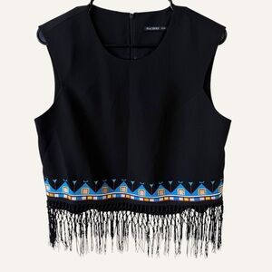 Peachbird Boho Embroidered Black Sleeveless Crop Top with Fringe Hem Size XL